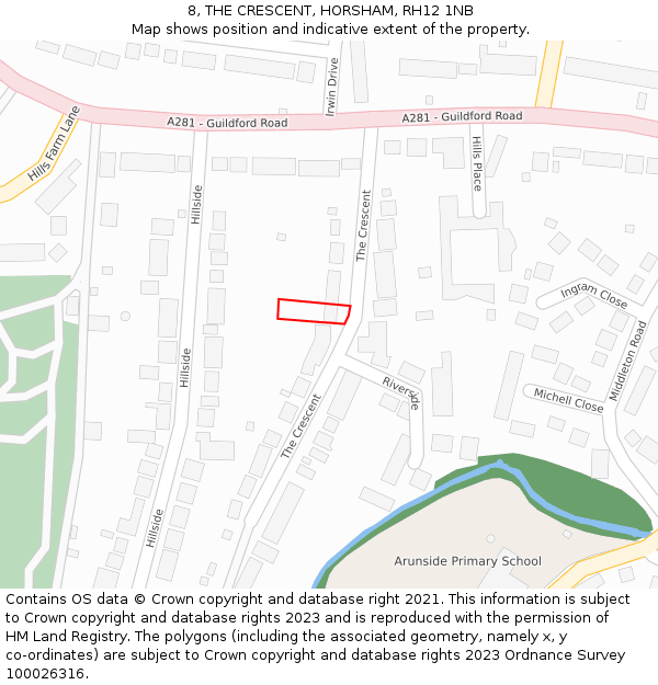 8, THE CRESCENT, HORSHAM, RH12 1NB: Location map and indicative extent of plot