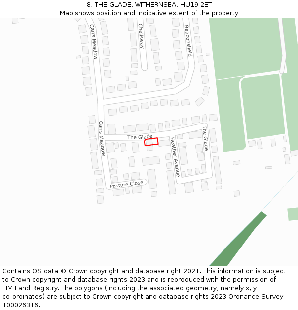 8, THE GLADE, WITHERNSEA, HU19 2ET: Location map and indicative extent of plot