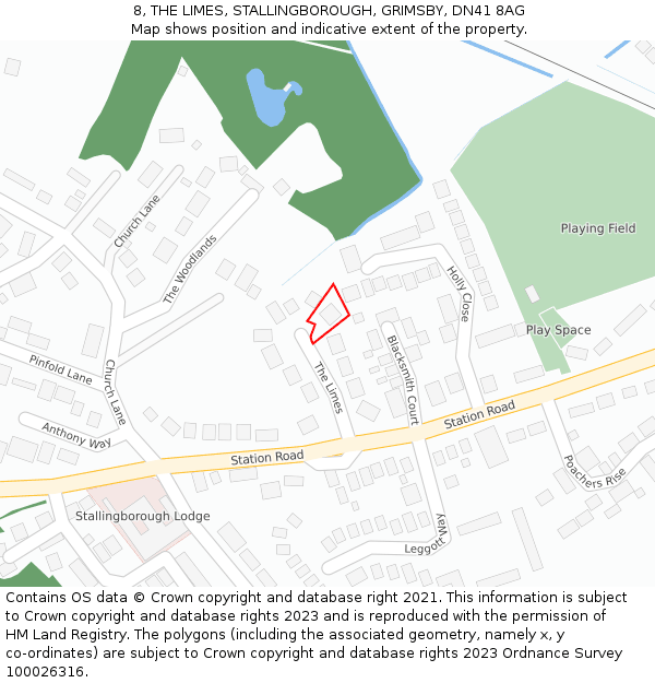 8, THE LIMES, STALLINGBOROUGH, GRIMSBY, DN41 8AG: Location map and indicative extent of plot