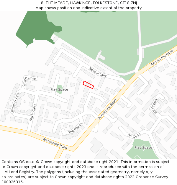 8, THE MEADE, HAWKINGE, FOLKESTONE, CT18 7NJ: Location map and indicative extent of plot