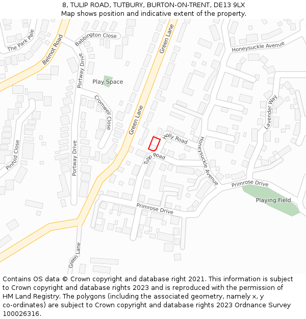 8, TULIP ROAD, TUTBURY, BURTON-ON-TRENT, DE13 9LX: Location map and indicative extent of plot