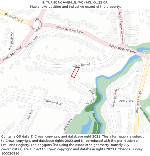 8, TURNOAK AVENUE, WOKING, GU22 0AJ: Location map and indicative extent of plot