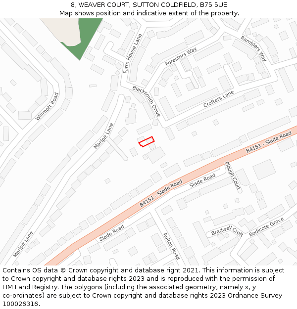 8, WEAVER COURT, SUTTON COLDFIELD, B75 5UE: Location map and indicative extent of plot