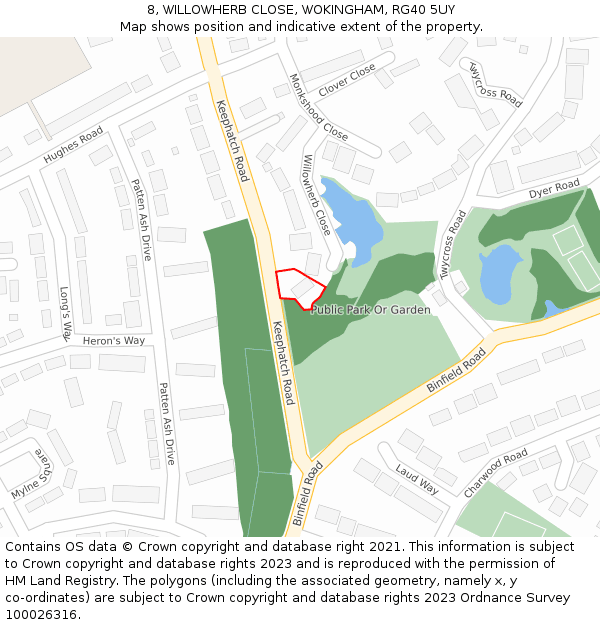 8, WILLOWHERB CLOSE, WOKINGHAM, RG40 5UY: Location map and indicative extent of plot