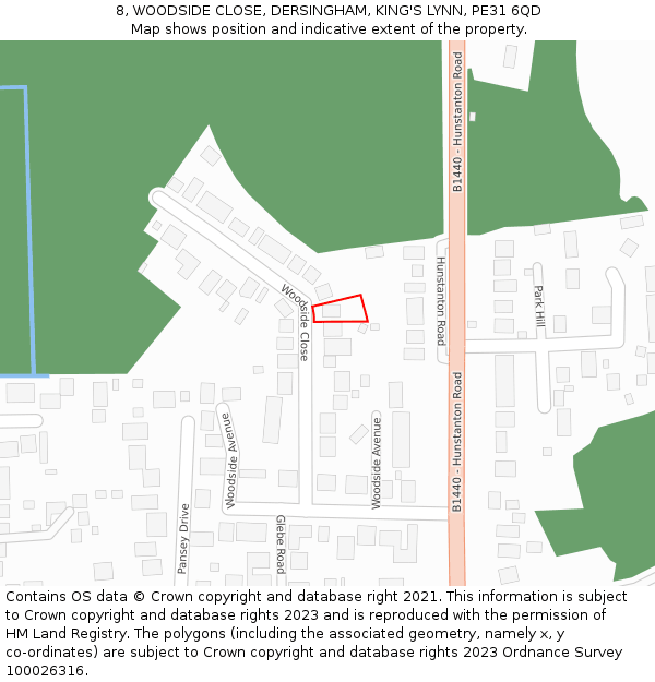 8, WOODSIDE CLOSE, DERSINGHAM, KING'S LYNN, PE31 6QD: Location map and indicative extent of plot