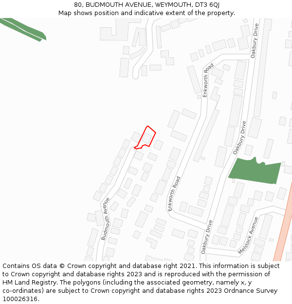 80, BUDMOUTH AVENUE, WEYMOUTH, DT3 6QJ: Location map and indicative extent of plot