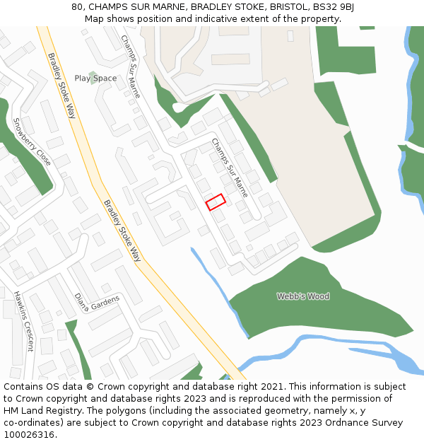 80, CHAMPS SUR MARNE, BRADLEY STOKE, BRISTOL, BS32 9BJ: Location map and indicative extent of plot