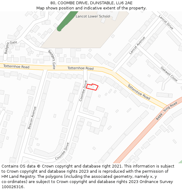 80, COOMBE DRIVE, DUNSTABLE, LU6 2AE: Location map and indicative extent of plot