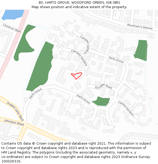 80, HARTS GROVE, WOODFORD GREEN, IG8 0BN: Location map and indicative extent of plot