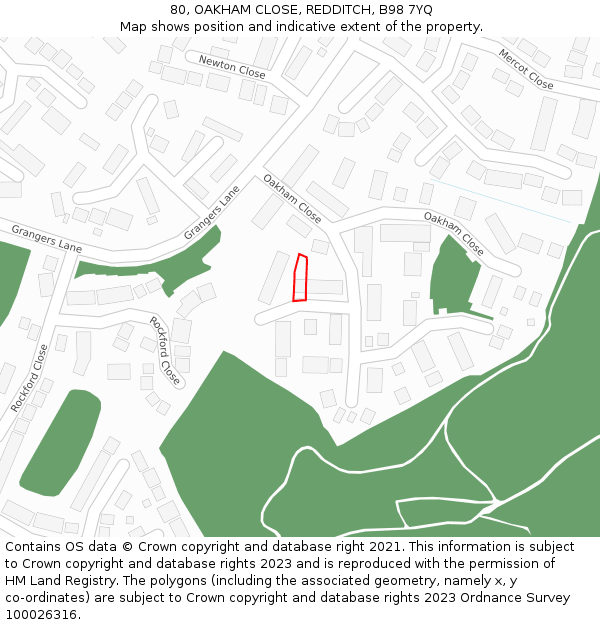 80, OAKHAM CLOSE, REDDITCH, B98 7YQ: Location map and indicative extent of plot