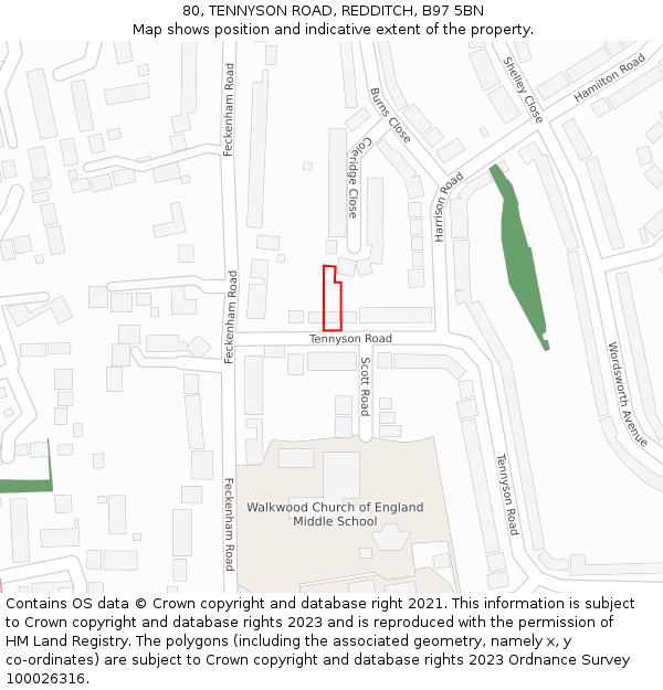 80, TENNYSON ROAD, REDDITCH, B97 5BN: Location map and indicative extent of plot