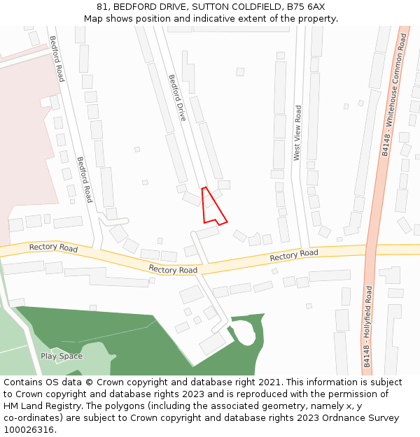 81, BEDFORD DRIVE, SUTTON COLDFIELD, B75 6AX: Location map and indicative extent of plot