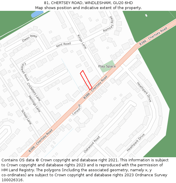81, CHERTSEY ROAD, WINDLESHAM, GU20 6HD: Location map and indicative extent of plot
