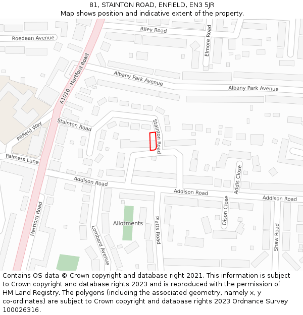 81, STAINTON ROAD, ENFIELD, EN3 5JR: Location map and indicative extent of plot