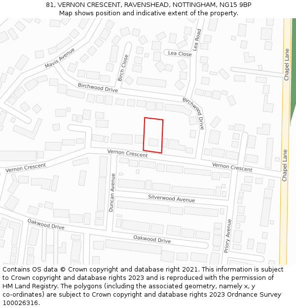 81, VERNON CRESCENT, RAVENSHEAD, NOTTINGHAM, NG15 9BP: Location map and indicative extent of plot