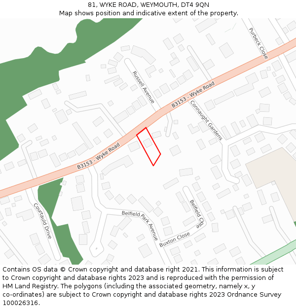 81, WYKE ROAD, WEYMOUTH, DT4 9QN: Location map and indicative extent of plot