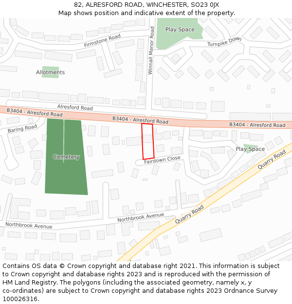 82, ALRESFORD ROAD, WINCHESTER, SO23 0JX: Location map and indicative extent of plot