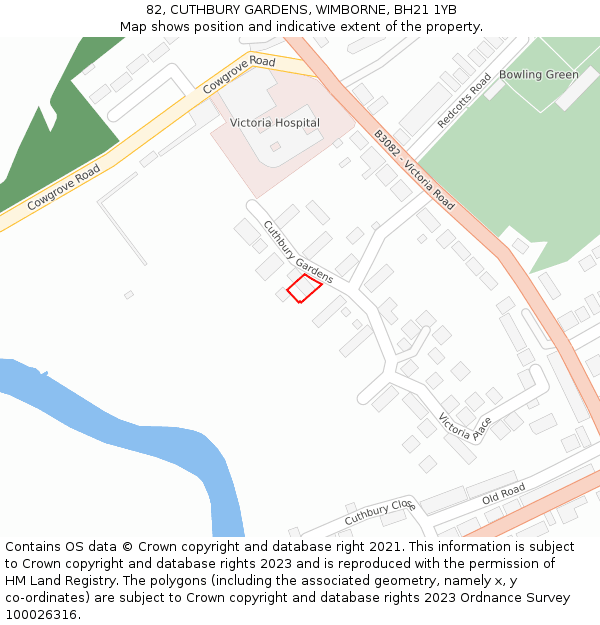 82, CUTHBURY GARDENS, WIMBORNE, BH21 1YB: Location map and indicative extent of plot