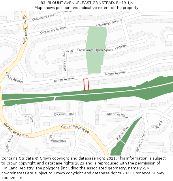 83, BLOUNT AVENUE, EAST GRINSTEAD, RH19 1JN: Location map and indicative extent of plot