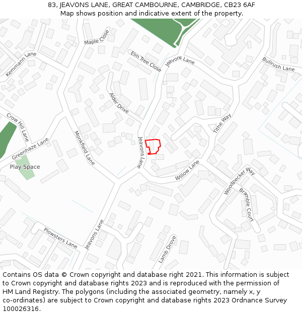 83, JEAVONS LANE, GREAT CAMBOURNE, CAMBRIDGE, CB23 6AF: Location map and indicative extent of plot