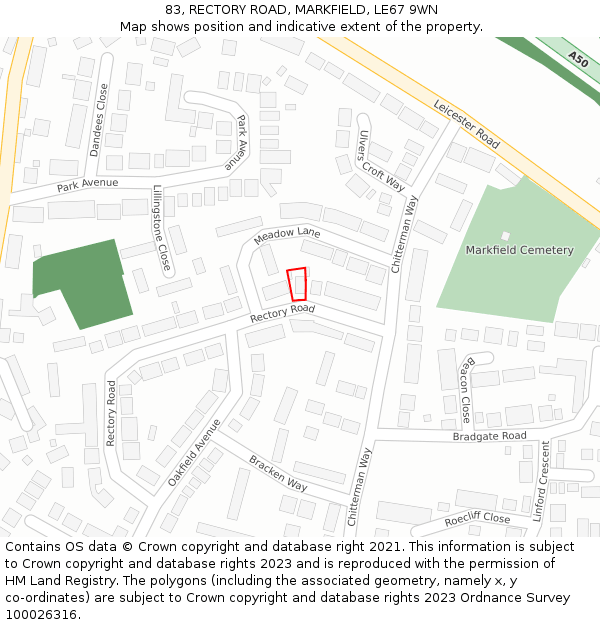 83, RECTORY ROAD, MARKFIELD, LE67 9WN: Location map and indicative extent of plot