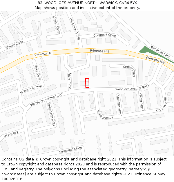 83, WOODLOES AVENUE NORTH, WARWICK, CV34 5YX: Location map and indicative extent of plot