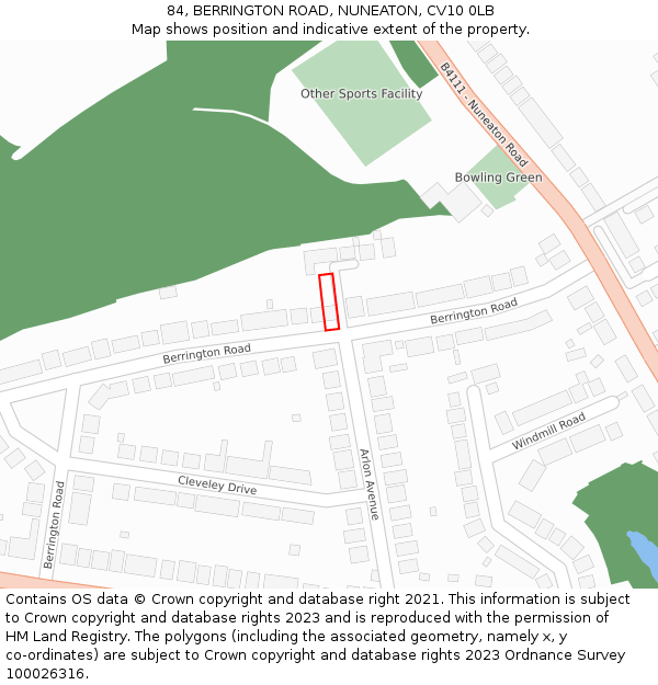 84, BERRINGTON ROAD, NUNEATON, CV10 0LB: Location map and indicative extent of plot