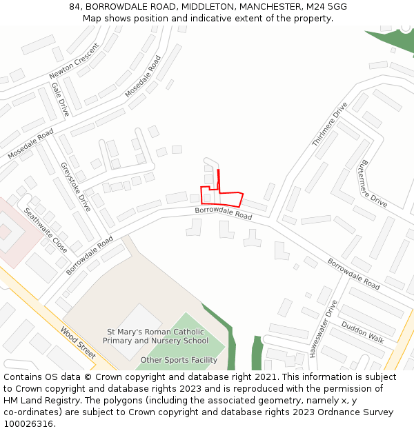 84, BORROWDALE ROAD, MIDDLETON, MANCHESTER, M24 5GG: Location map and indicative extent of plot