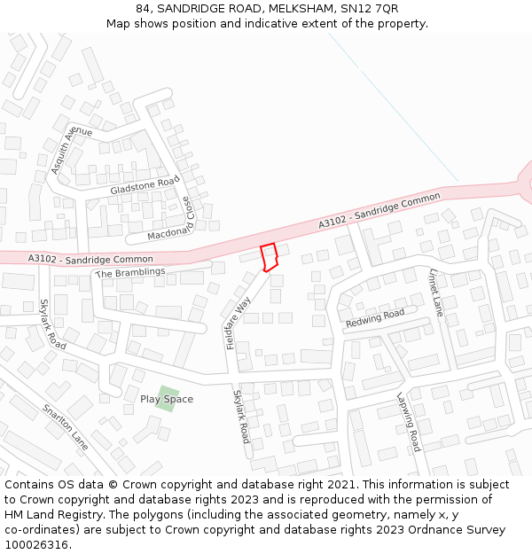 84, SANDRIDGE ROAD, MELKSHAM, SN12 7QR: Location map and indicative extent of plot