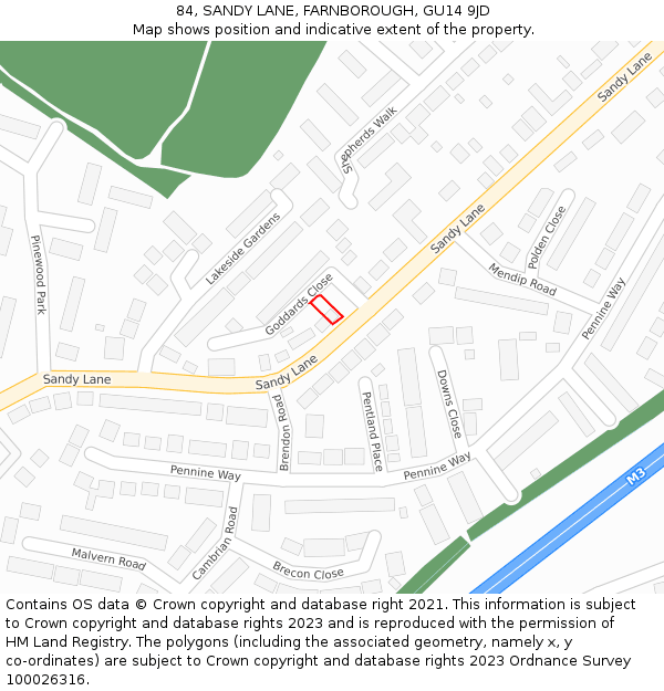 84, SANDY LANE, FARNBOROUGH, GU14 9JD: Location map and indicative extent of plot