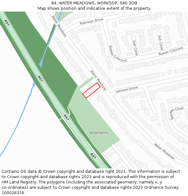 84, WATER MEADOWS, WORKSOP, S80 3DB: Location map and indicative extent of plot