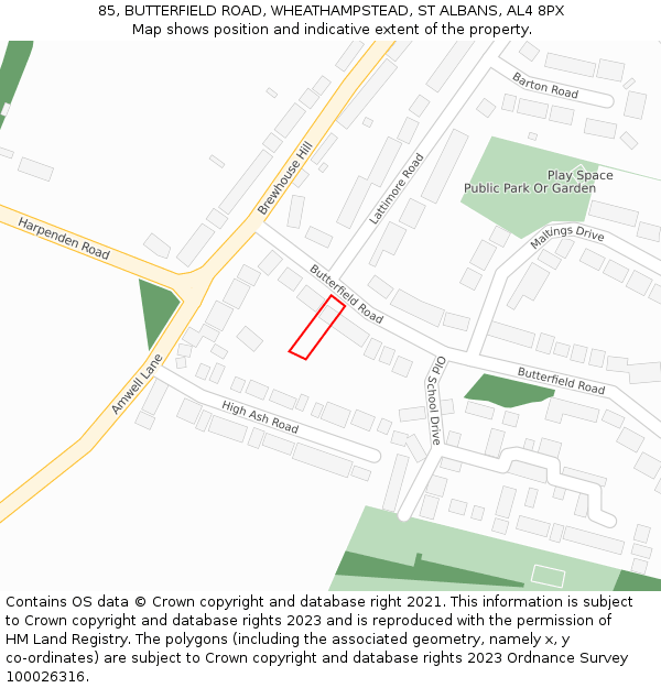 85, BUTTERFIELD ROAD, WHEATHAMPSTEAD, ST ALBANS, AL4 8PX: Location map and indicative extent of plot