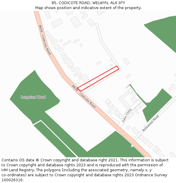 85, CODICOTE ROAD, WELWYN, AL6 9TY: Location map and indicative extent of plot