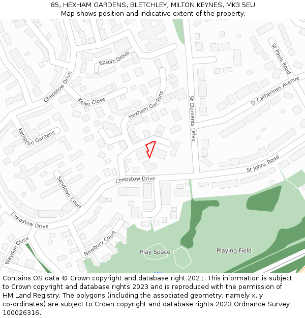 85, HEXHAM GARDENS, BLETCHLEY, MILTON KEYNES, MK3 5EU: Location map and indicative extent of plot