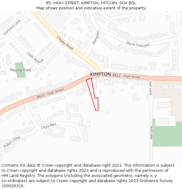 85, HIGH STREET, KIMPTON, HITCHIN, SG4 8QL: Location map and indicative extent of plot