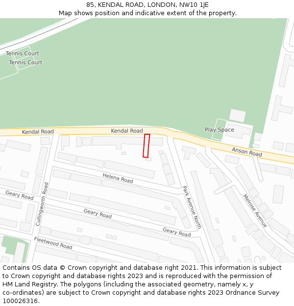 85, KENDAL ROAD, LONDON, NW10 1JE: Location map and indicative extent of plot