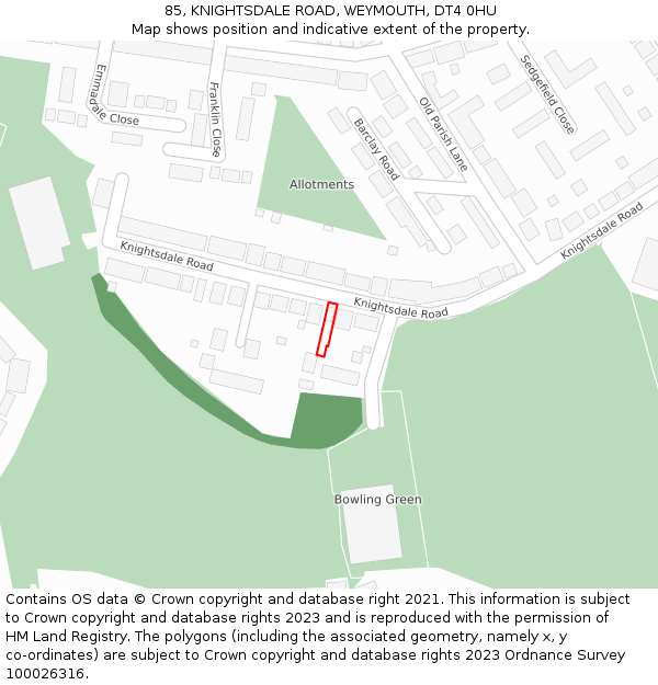 85, KNIGHTSDALE ROAD, WEYMOUTH, DT4 0HU: Location map and indicative extent of plot