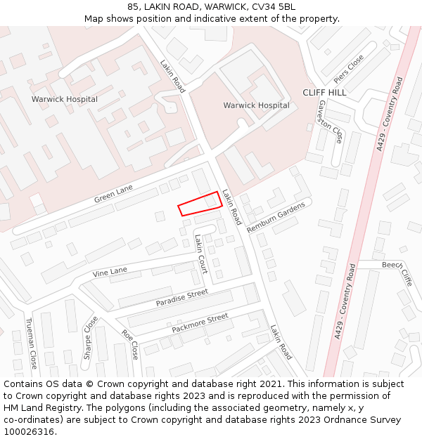 85, LAKIN ROAD, WARWICK, CV34 5BL: Location map and indicative extent of plot