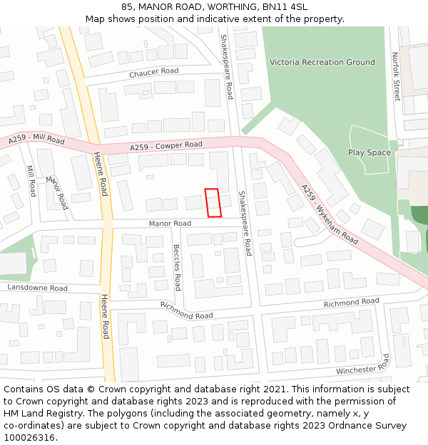 85, MANOR ROAD, WORTHING, BN11 4SL: Location map and indicative extent of plot