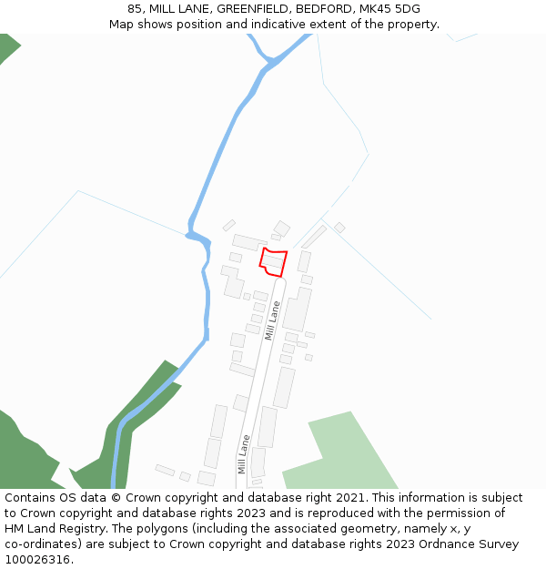 85, MILL LANE, GREENFIELD, BEDFORD, MK45 5DG: Location map and indicative extent of plot