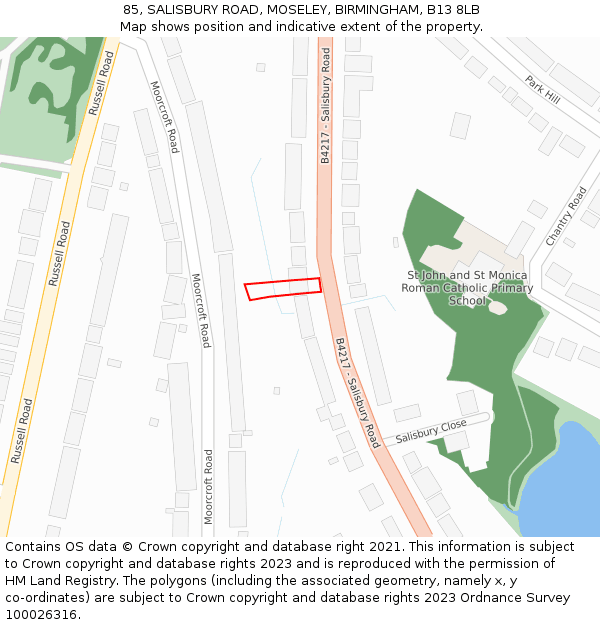 85, SALISBURY ROAD, MOSELEY, BIRMINGHAM, B13 8LB: Location map and indicative extent of plot