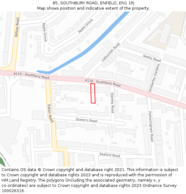 85, SOUTHBURY ROAD, ENFIELD, EN1 1PJ: Location map and indicative extent of plot