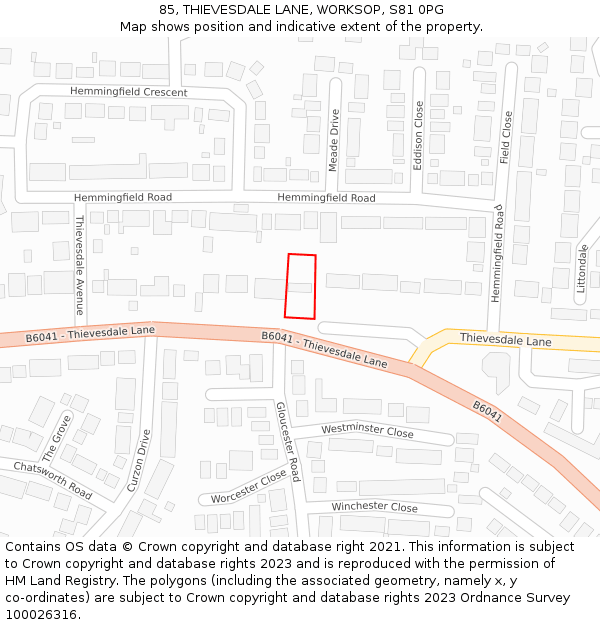 85, THIEVESDALE LANE, WORKSOP, S81 0PG: Location map and indicative extent of plot
