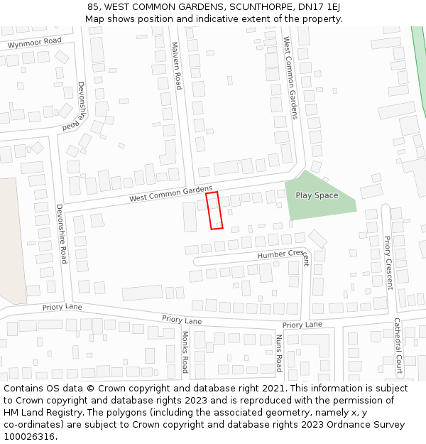 85, WEST COMMON GARDENS, SCUNTHORPE, DN17 1EJ: Location map and indicative extent of plot