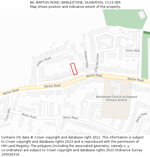 86, BARTON ROAD, BARLESTONE, NUNEATON, CV13 0ER: Location map and indicative extent of plot