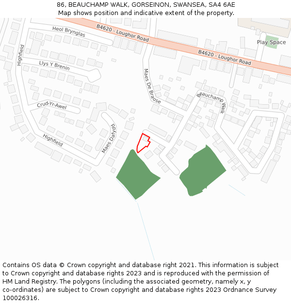 86, BEAUCHAMP WALK, GORSEINON, SWANSEA, SA4 6AE: Location map and indicative extent of plot