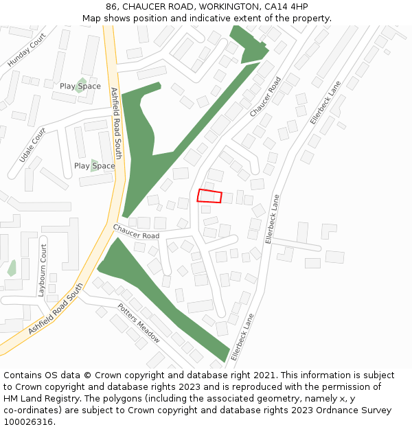 86, CHAUCER ROAD, WORKINGTON, CA14 4HP: Location map and indicative extent of plot