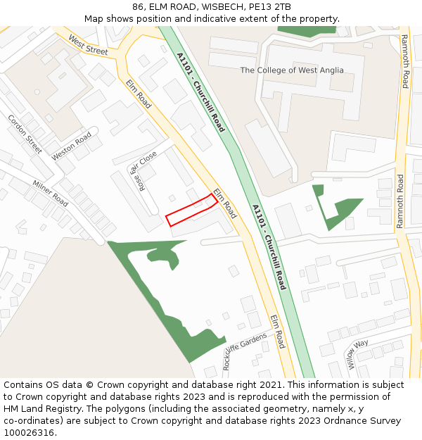 86, ELM ROAD, WISBECH, PE13 2TB: Location map and indicative extent of plot