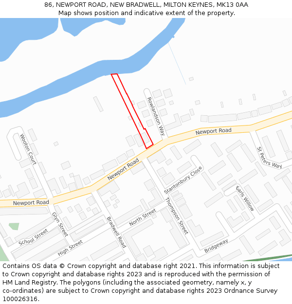 86, NEWPORT ROAD, NEW BRADWELL, MILTON KEYNES, MK13 0AA: Location map and indicative extent of plot