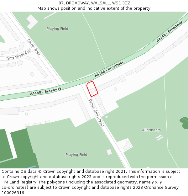 87, BROADWAY, WALSALL, WS1 3EZ: Location map and indicative extent of plot